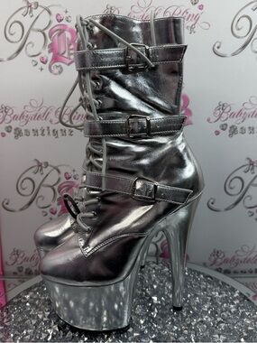 Pleaser boots high heels buckle Metallic Silver Lace-Up Platform Ankle Boots